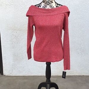 INC Women's Sweater Red Size XL Off Shoulder Ribbed Lurex Pullover $79
